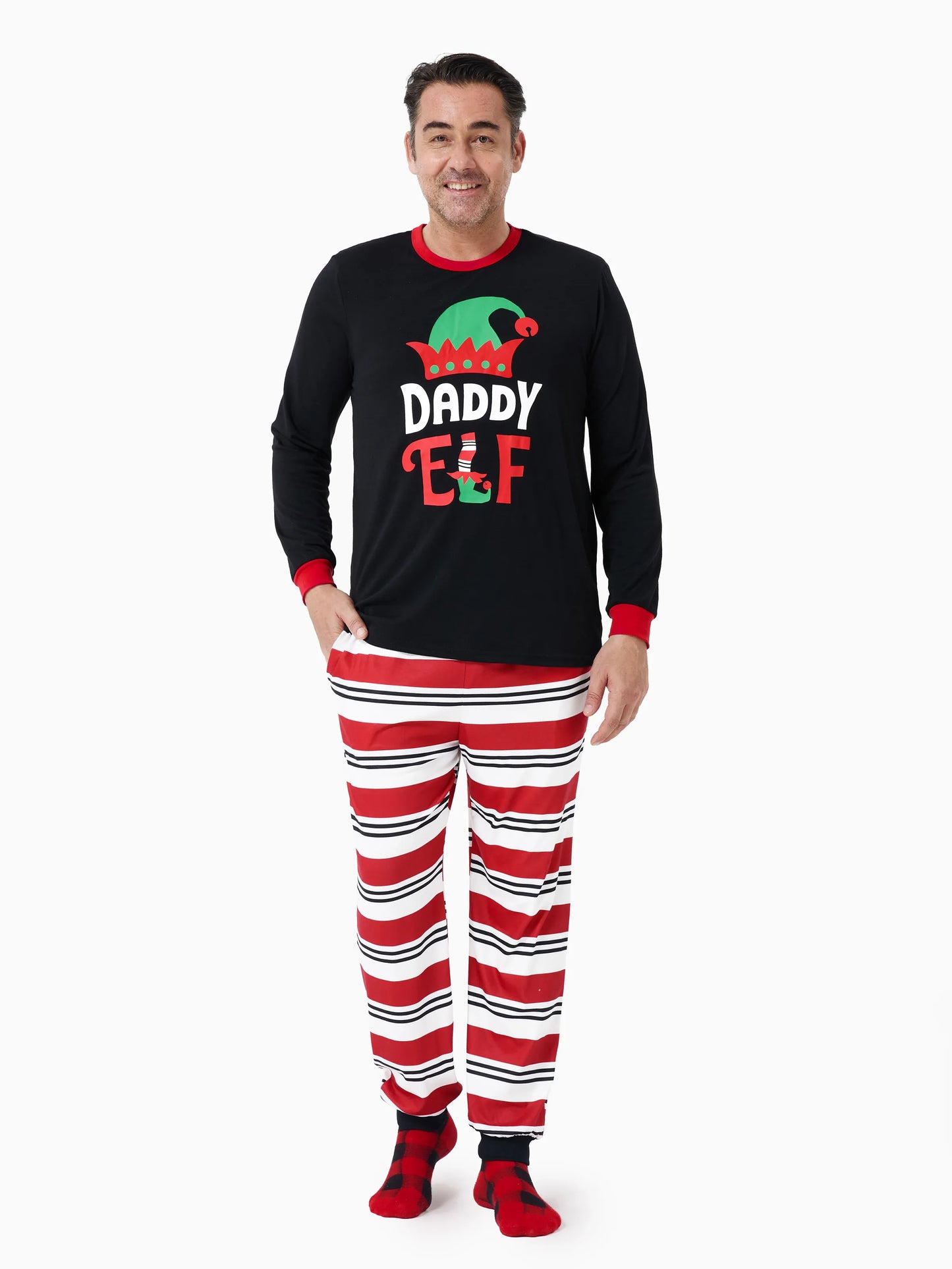 Christmas Matching Family Pajamas Set Elf Print PJS with Christmas Socks Black