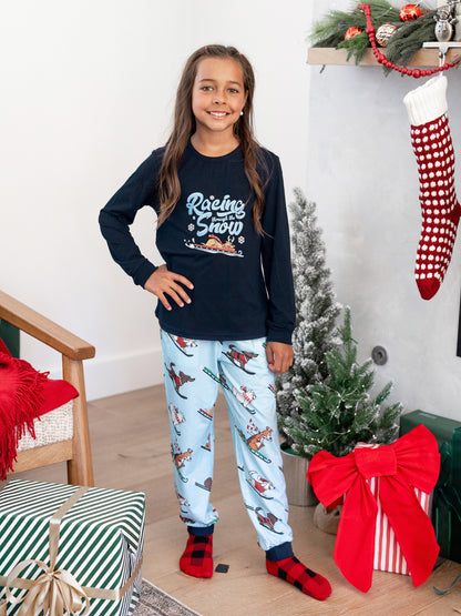 Christmas Matching Family Pajamas Set Sled Dogs Print PJS with Christmas Socks Blue