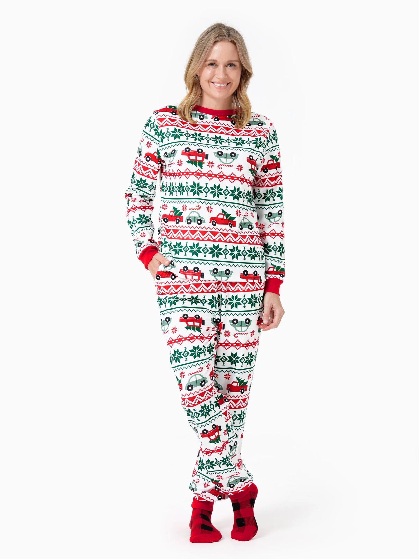 Christmas Matching Family Pajamas Set Snowflake and Car Print PJS with Christmas Socks Red