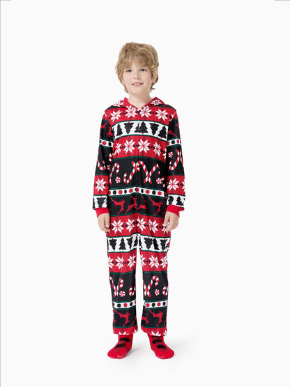 Christmas Pajamas 3D Reindeer Pattern Zipper Hooded Onesies Matching Family Outfits red/black
