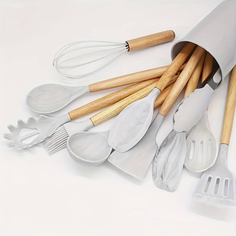 Conjunto Minimalista de Utensílios de Silicone e Madeira – 12 Peças