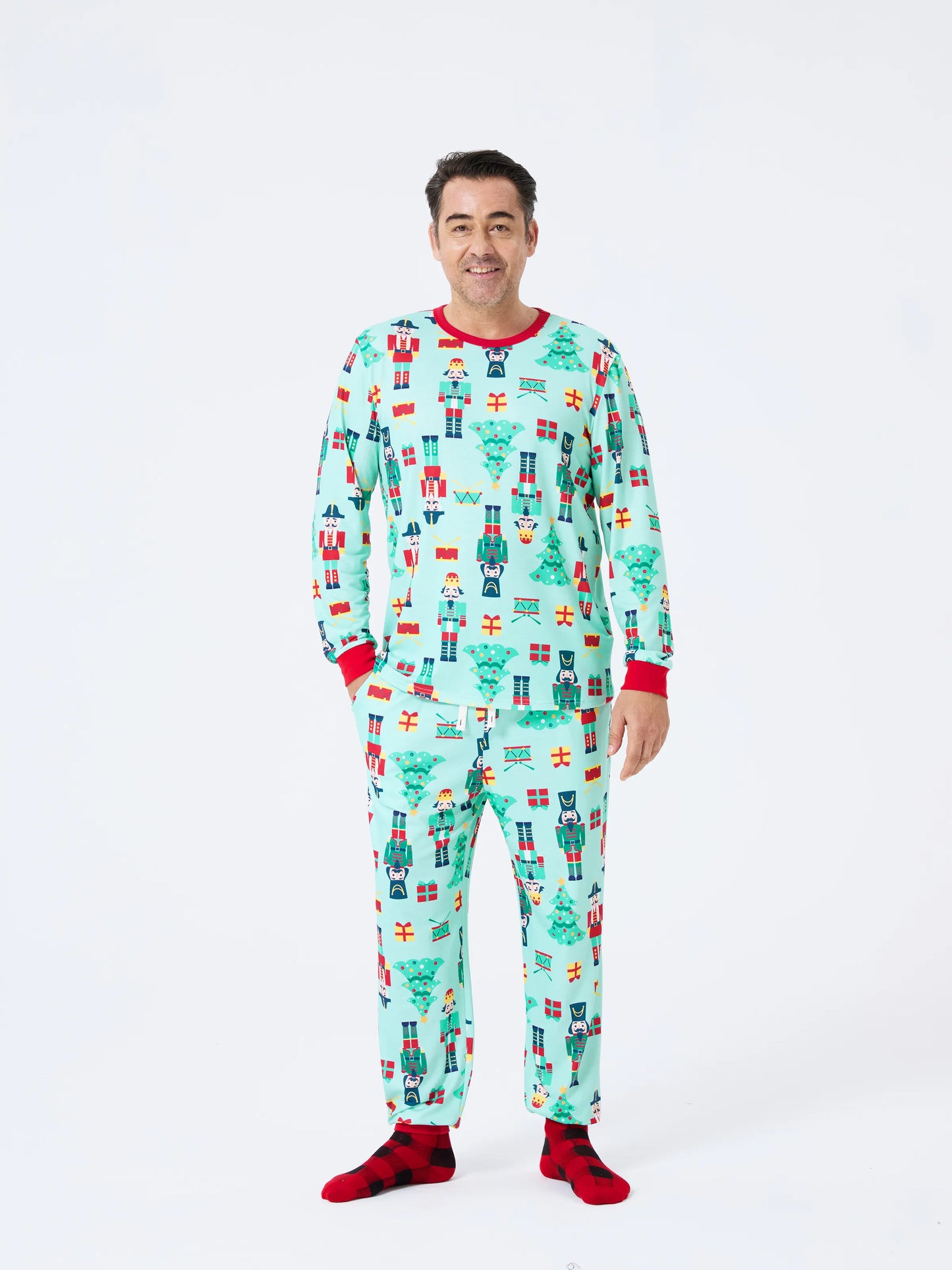 Christmas Matching Family Pajamas Set Soldier and Christmas Tree Print PJS with Christmas Socks Pale Green