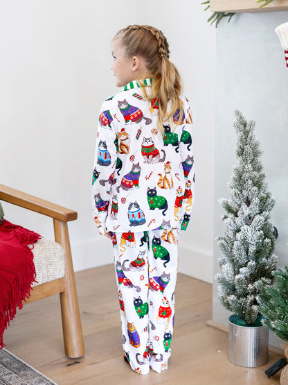Conjunto de Pijamas de Natal para a Família com Estampa de Gato de Natal e Meias de Natal Multicoloridas