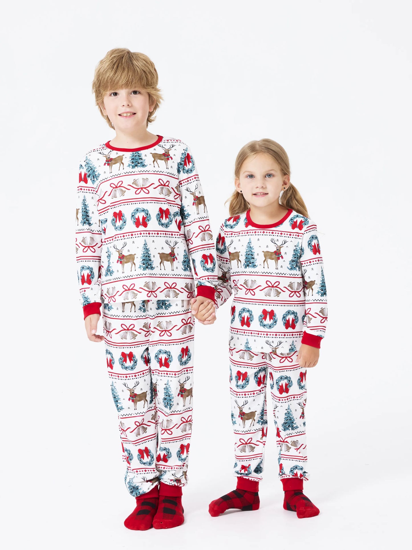Christmas Matching Family Pajamas Set Christmas Elk and Bell Print Striped PJS with Christmas Socks White