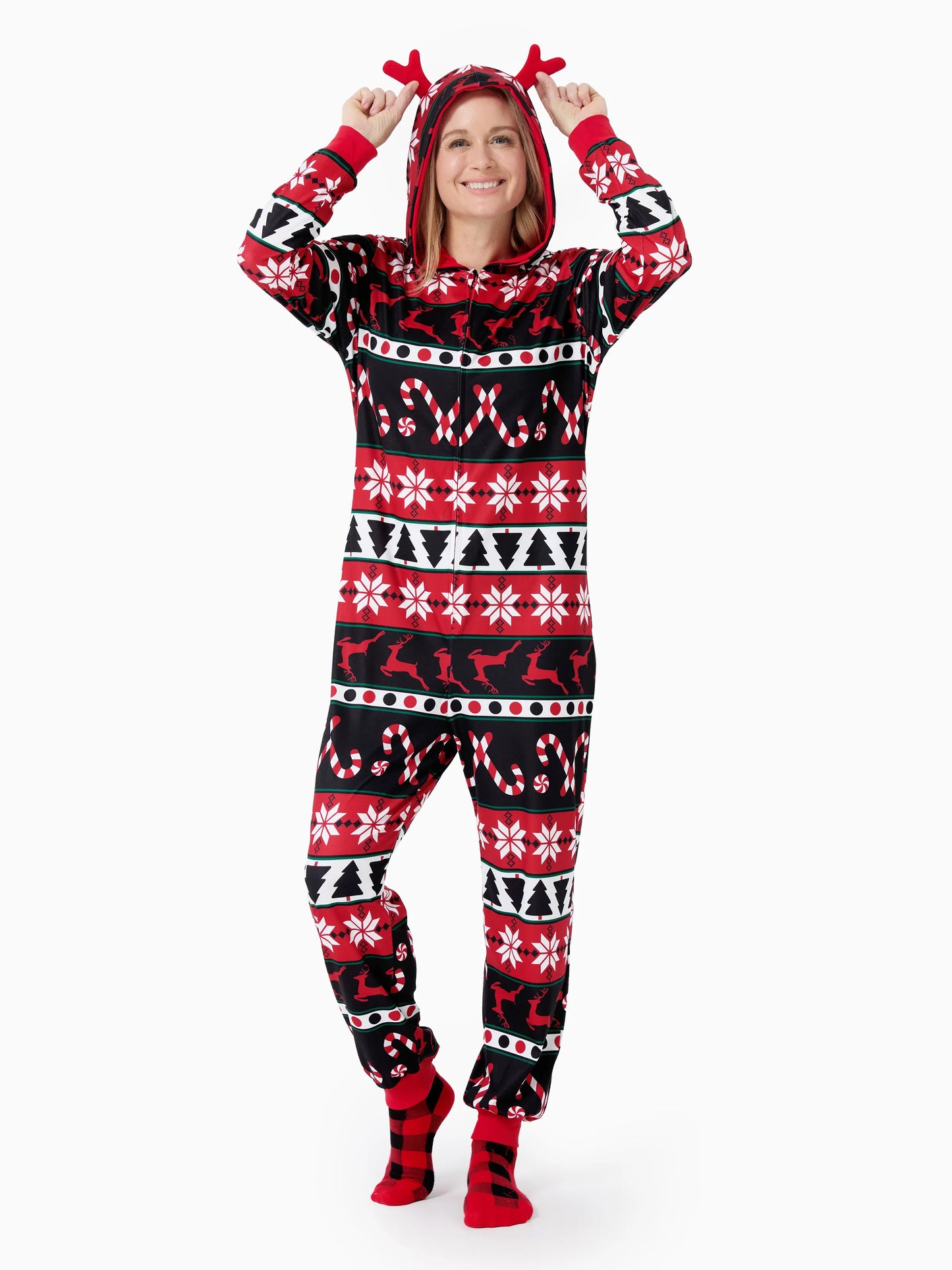 Christmas Pajamas 3D Reindeer Pattern Zipper Hooded Onesies Matching Family Outfits red/black
