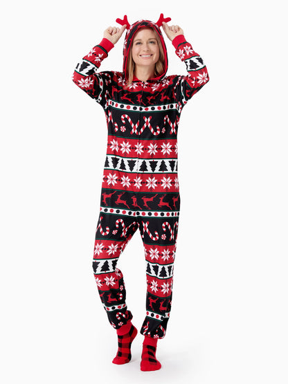 Christmas Pajamas 3D Reindeer Pattern Zipper Hooded Onesies Matching Family Outfits red/black