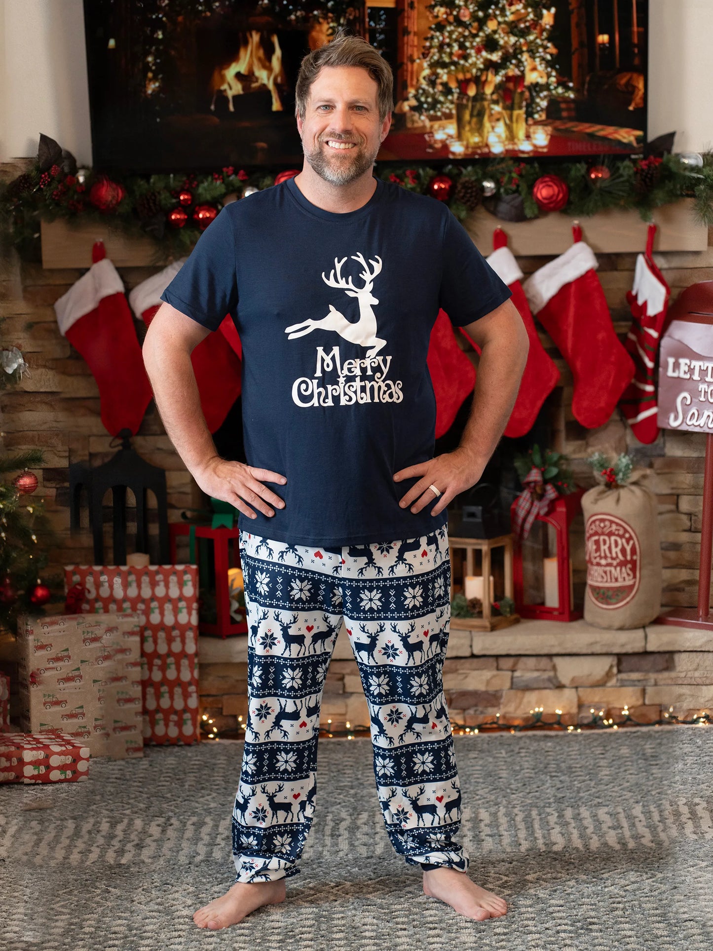 Christmas Reindeer Print Glow in the Dark Family Matching Pajamas Sets with Christmas Socks Deep Blue