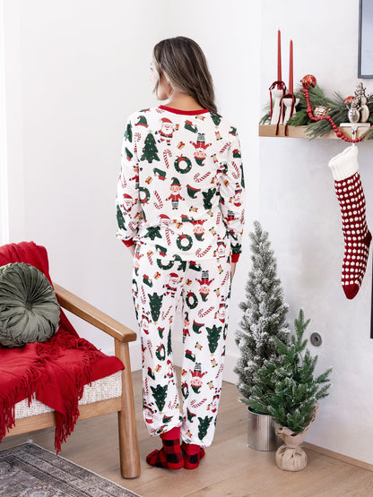 Christmas Matching Family Pajamas Set Santa Claus and Christmas Tree Print Long-sleeve PJS with Christmas Socks White