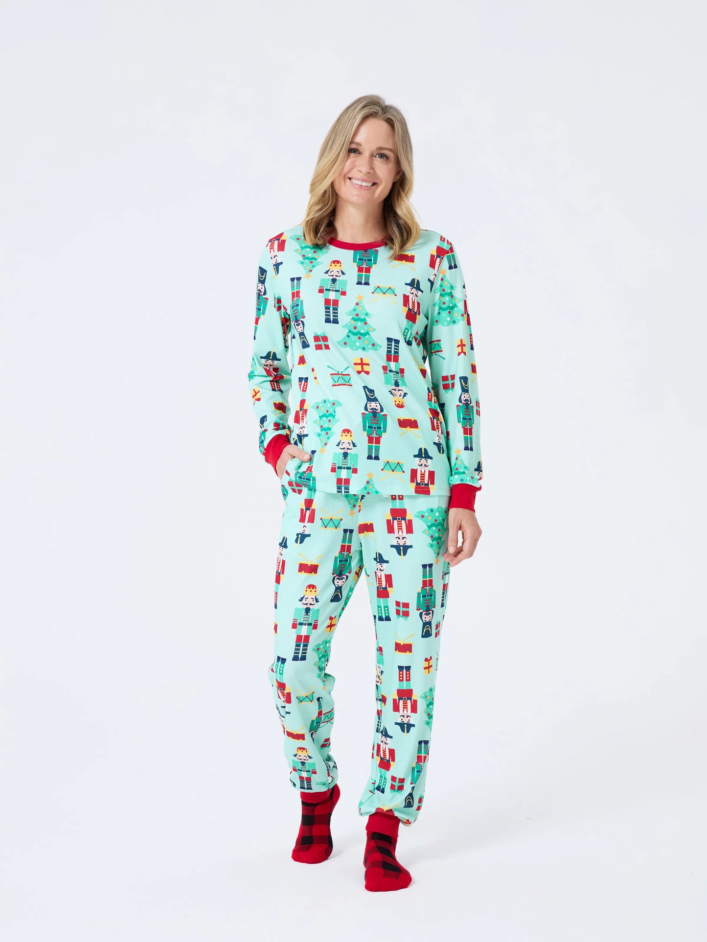 Christmas Matching Family Pajamas Set Soldier and Christmas Tree Print PJS with Christmas Socks Pale Green