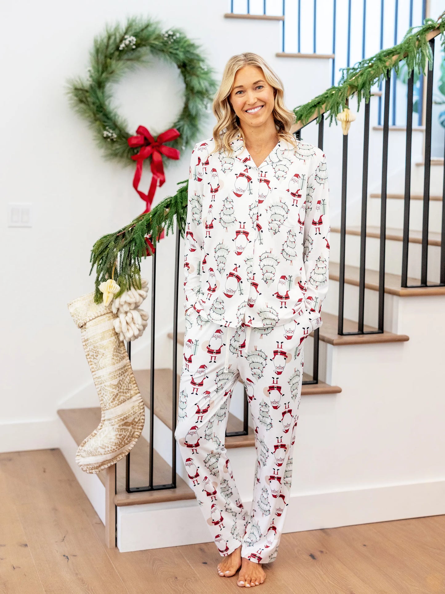 Christmas Matching Family Pajamas Set Gnome Print White PJS with Christmas Socks White