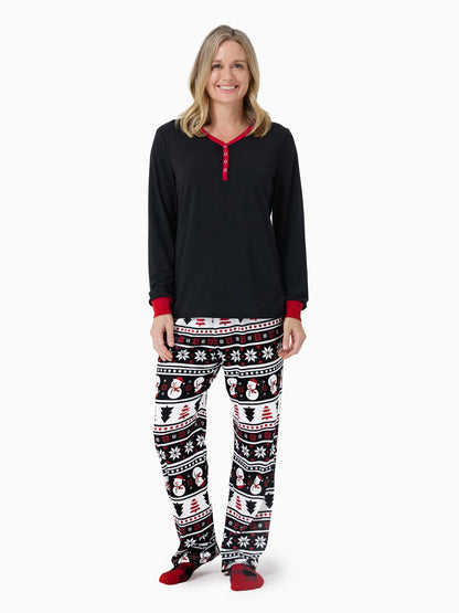 Christmas Matching Family Pajamas Set Snowman and Christmas Tree Print Black PJS with Christmas Socks Black