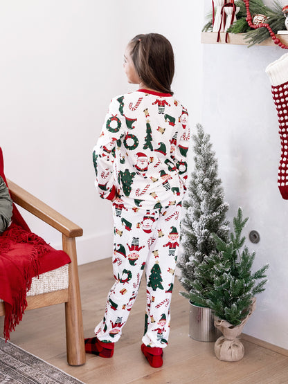 Christmas Matching Family Pajamas Set Santa Claus and Christmas Tree Print Long-sleeve PJS with Christmas Socks White