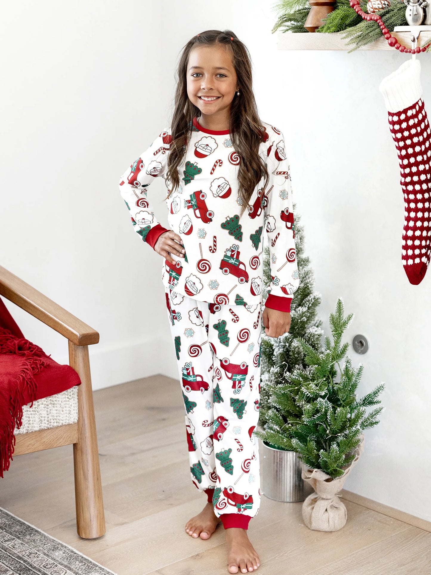 Christmas Matching Family Pajamas Set Santa Claus and Christmas Tree Print White PJS with Christmas Socks White