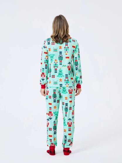 Christmas Matching Family Pajamas Set Soldier and Christmas Tree Print PJS with Christmas Socks Pale Green