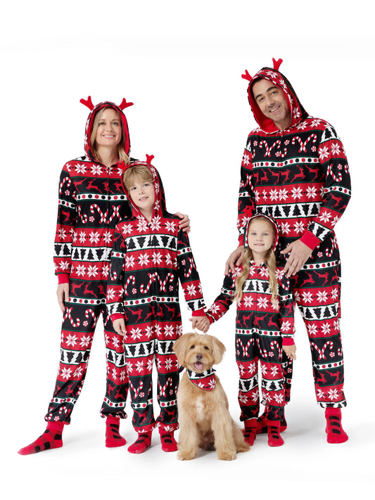 Christmas Pajamas 3D Reindeer Pattern Zipper Hooded Onesies Matching Family Outfits red/black