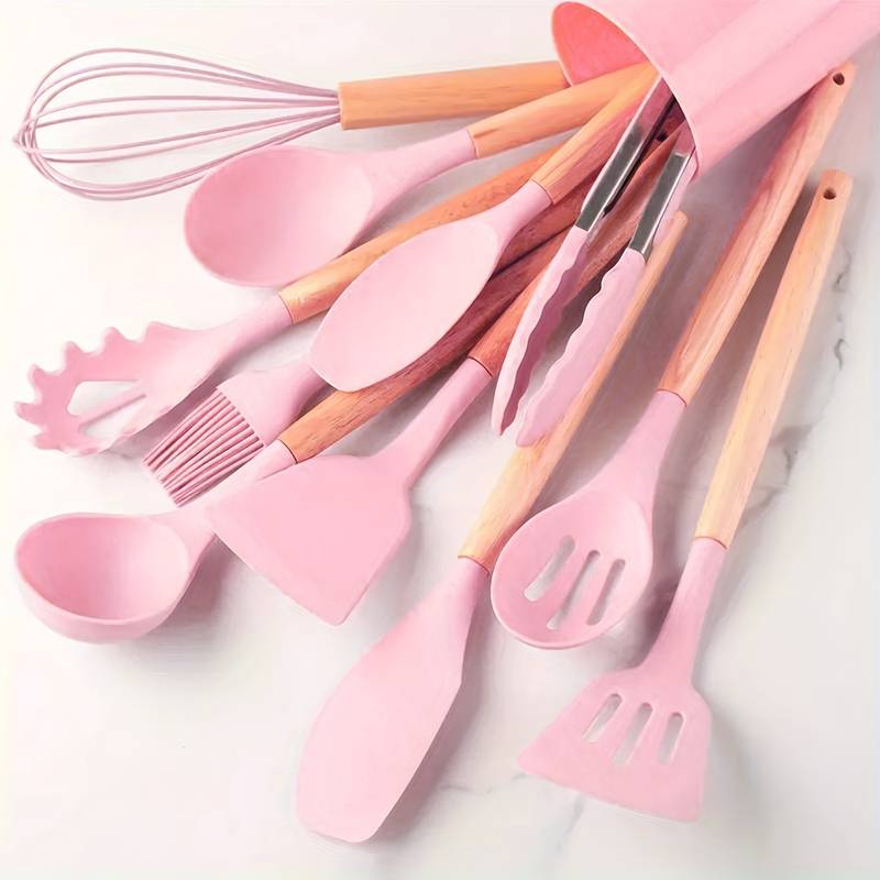 Conjunto Minimalista de Utensílios de Silicone e Madeira – 12 Peças