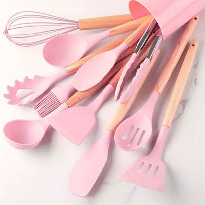 Conjunto Minimalista de Utensílios de Silicone e Madeira – 12 Peças