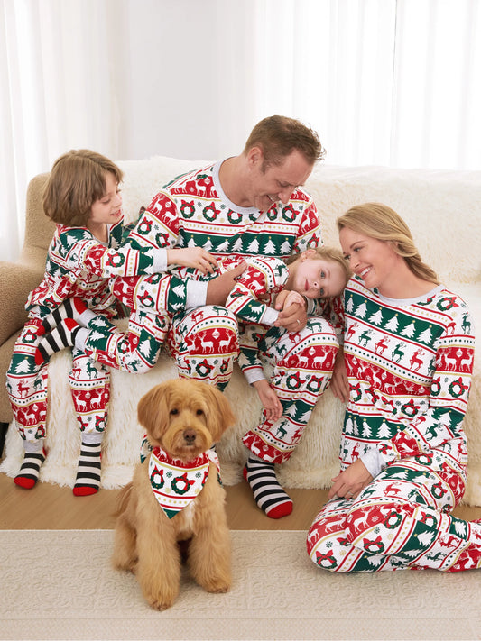 Christmas Pajamas Family Matching Allover Reindeer/Xmas Tree Pattern PJs Sets with Christmas Socks ColorBlock