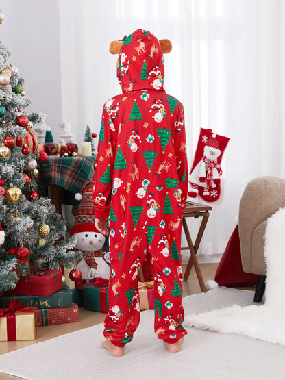 Christmas Family Pajamas Sets 3D Reindeer Hooded Allover Print Onesies with Christmas Socks Red-2