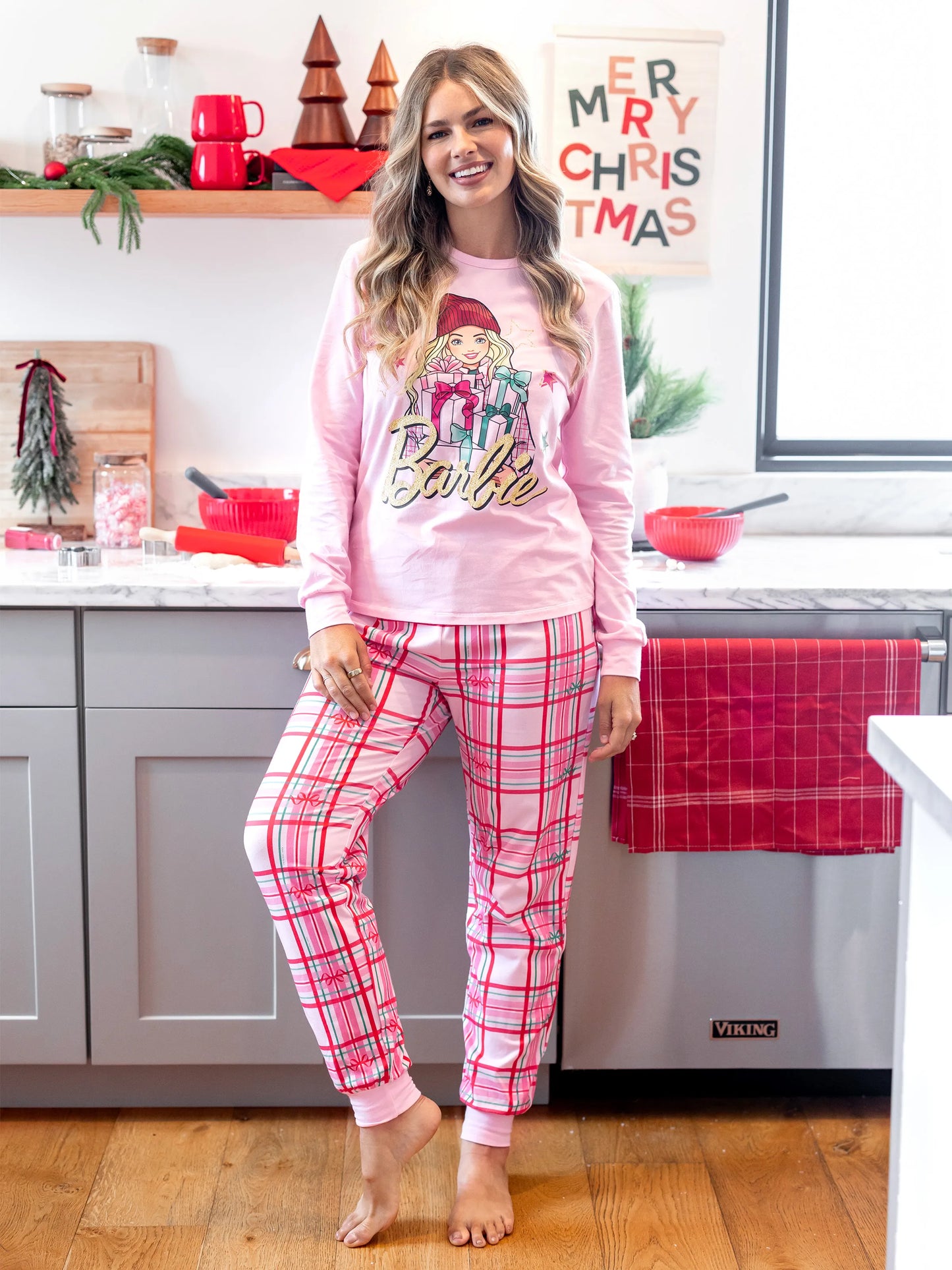 Conjunto de Pijamas Ajustados em Algodão Orgânico Rosa Barbie Christmas Mommy