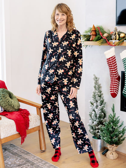 Christmas Matching Family Pajamas Set Gingerbread Print Black PJS with Christmas Socks Black