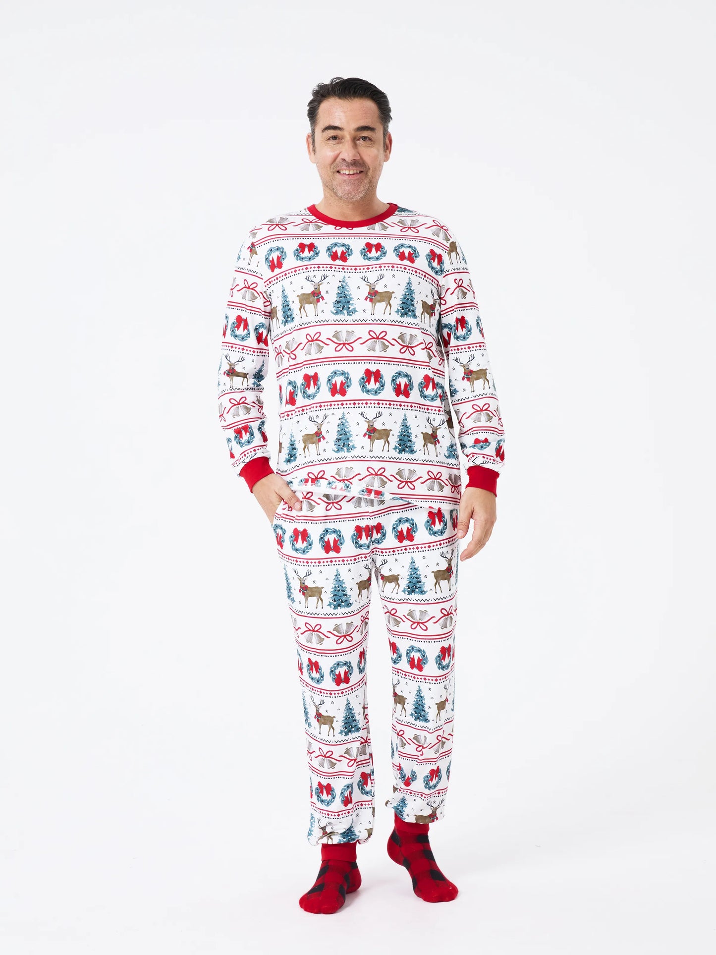 Christmas Matching Family Pajamas Set Christmas Elk and Bell Print Striped PJS with Christmas Socks White