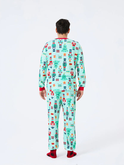 Christmas Matching Family Pajamas Set Soldier and Christmas Tree Print PJS with Christmas Socks Pale Green