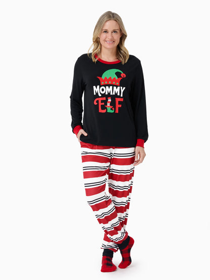 Christmas Matching Family Pajamas Set Elf Print PJS with Christmas Socks Black