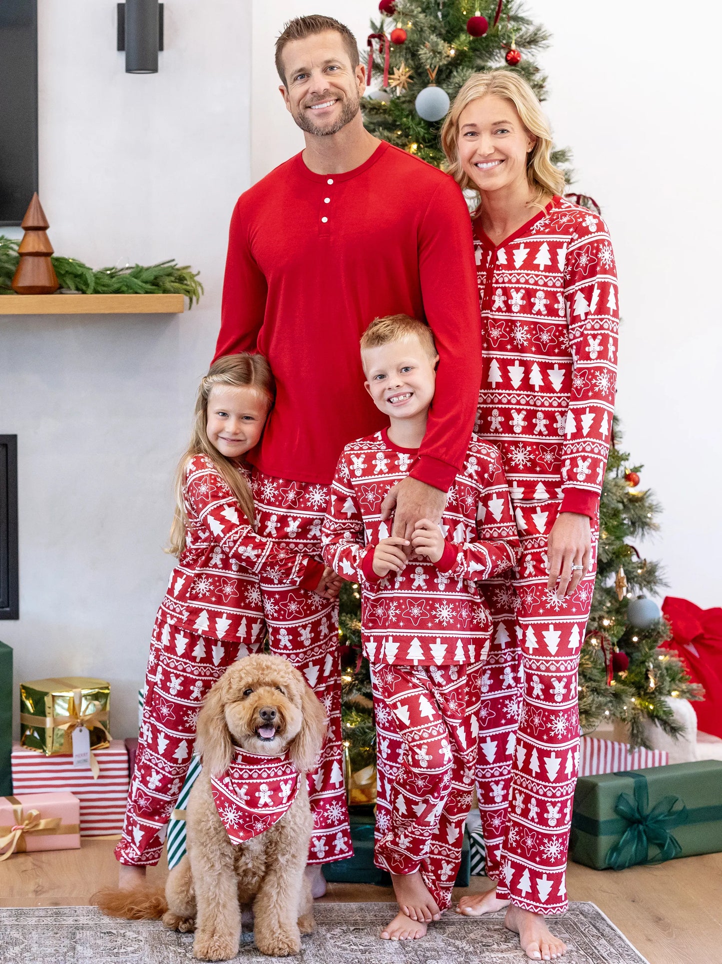 Christmas Matching Family Pajamas Set Gingerbread and Christmas Tree Print Red PJS with Christmas Socks Red