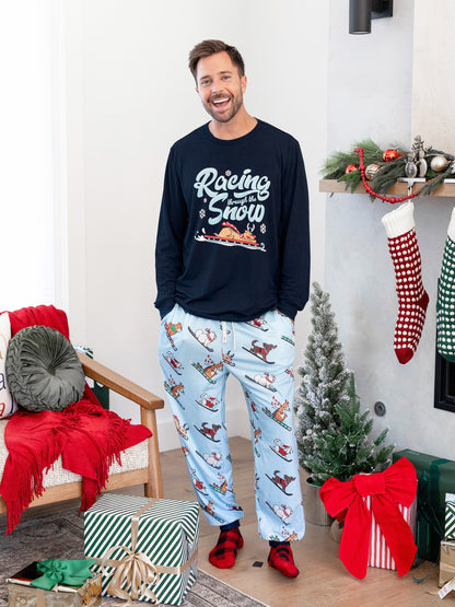 Christmas Matching Family Pajamas Set Sled Dogs Print PJS with Christmas Socks Blue