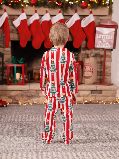 Christmas Family Matching Trees Print Stripes Long-sleeve Pajamas Sets with Christmas Socks Red