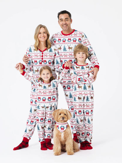 Christmas Matching Family Pajamas Set Christmas Elk and Bell Print Striped PJS with Christmas Socks White