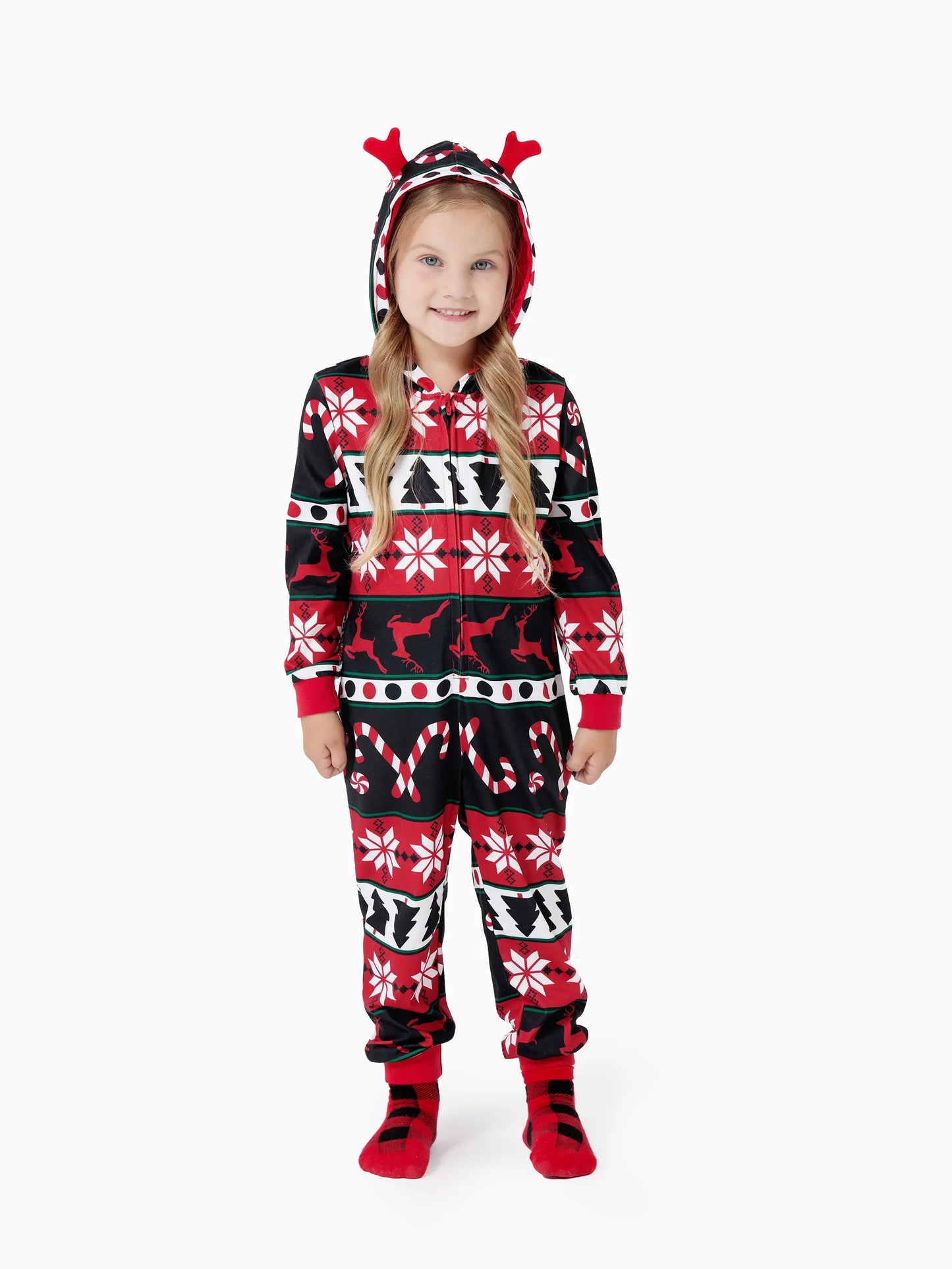 Christmas Pajamas 3D Reindeer Pattern Zipper Hooded Onesies Matching Family Outfits red/black