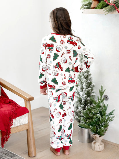 Christmas Matching Family Pajamas Set Santa Claus and Christmas Tree Print White PJS with Christmas Socks White